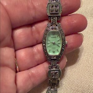 Silver Marcasite and Green stone Watch